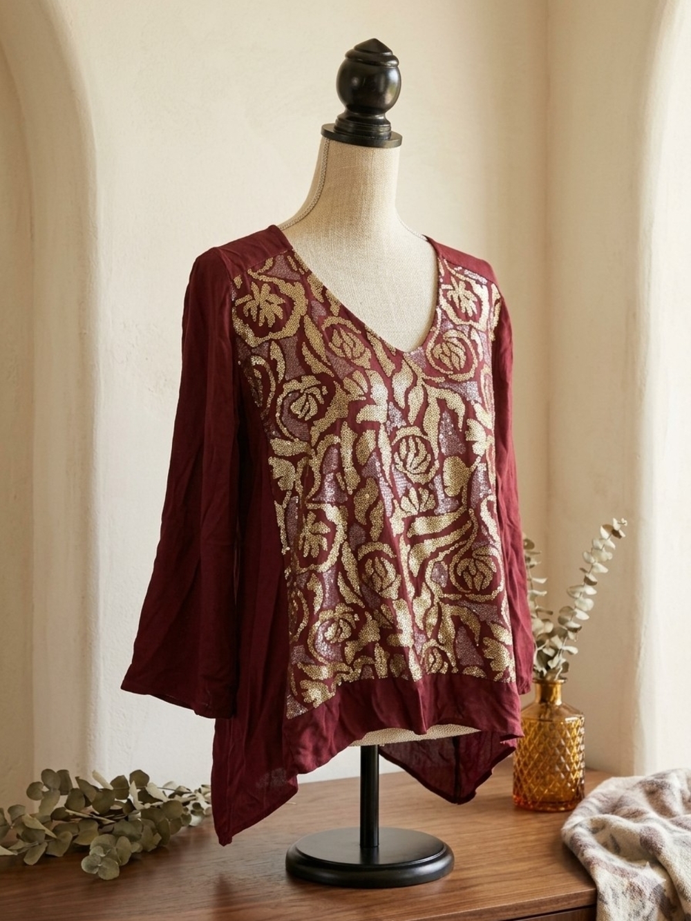 V-Neck Burgundy Tunic with Gold Floral Sequin Accents